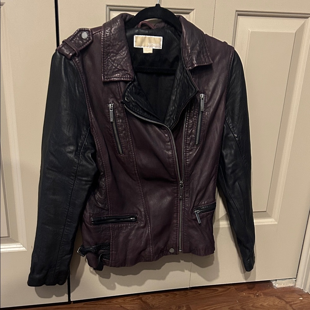 Michael Kors Burgundy and Black Leather Jacket